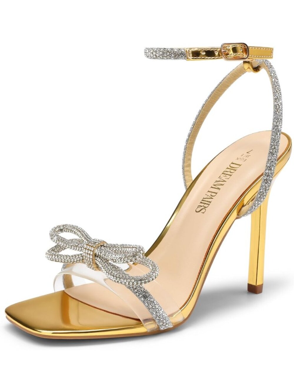Women's Gold Stiletto with Rhinestone Double Bow Slingback High Heeled Sandals